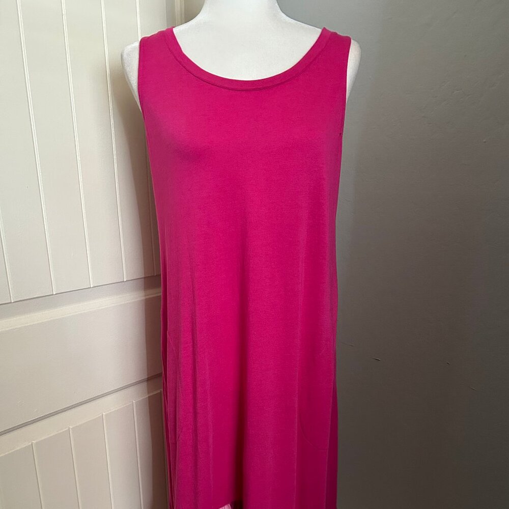 LOGO Fuchsia Cotton/Model Scoop Neck Tank Dress Shark-bite Tie-Dye Lace Hem XS